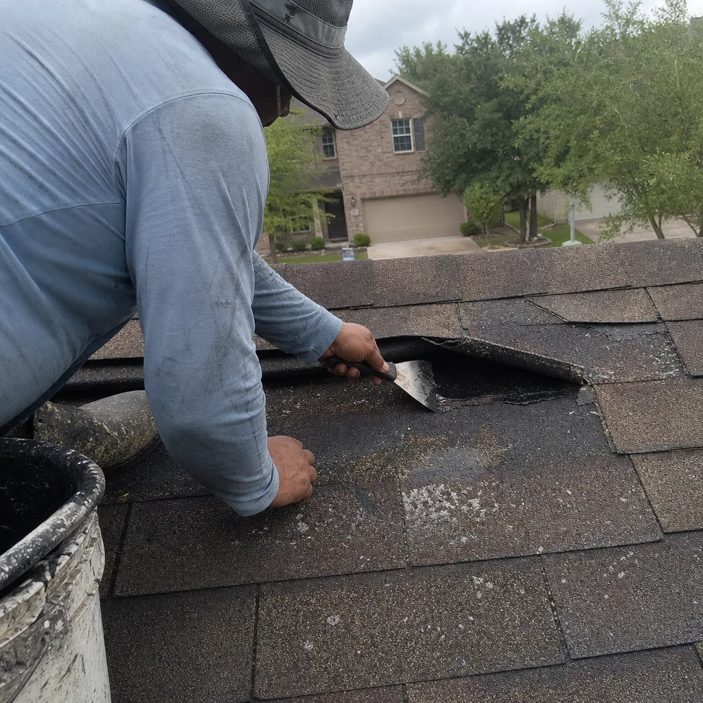 Professional roofer repairing damaged asphalt shingles on a residential roof