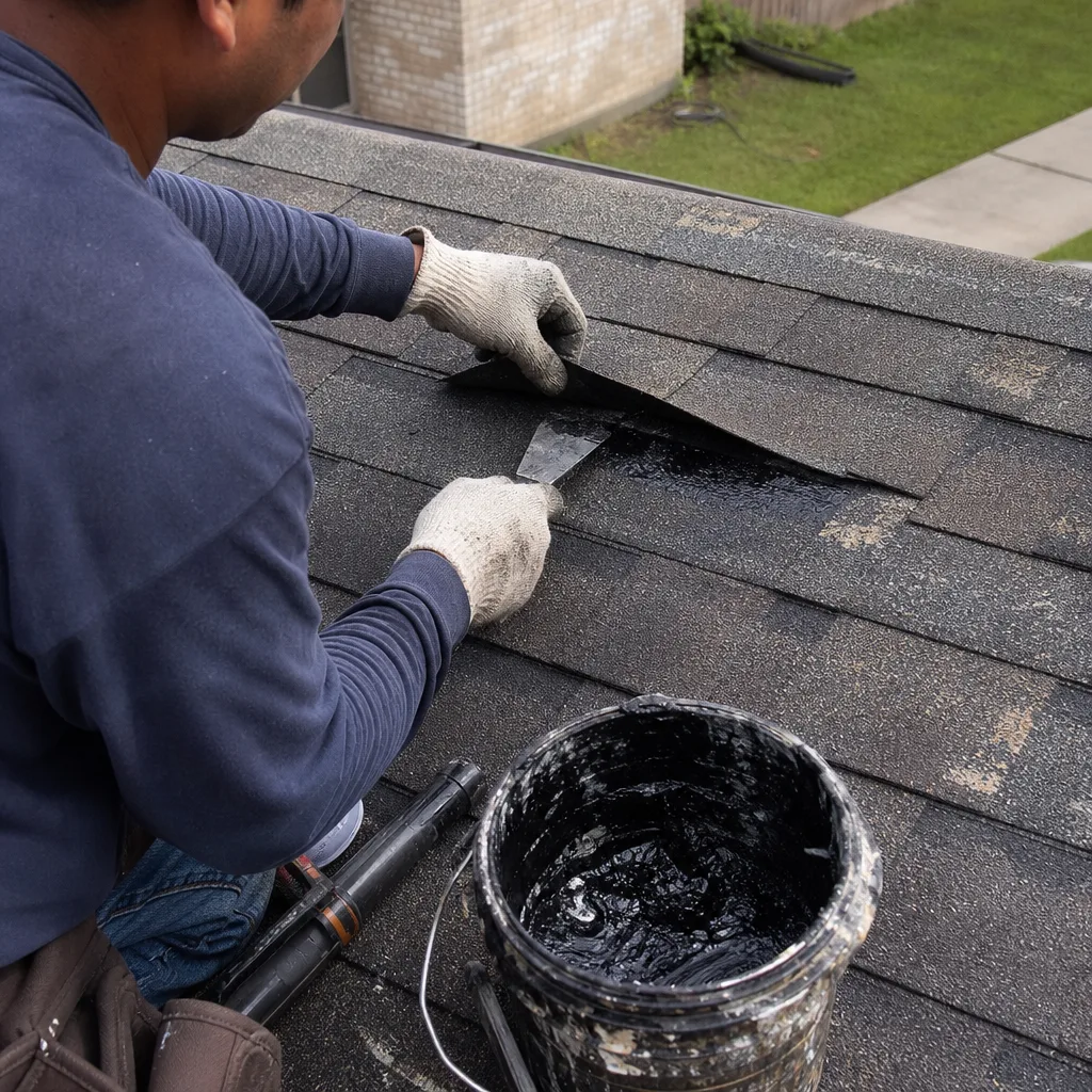 professional roofing contractor performing shingle repair with sealant
