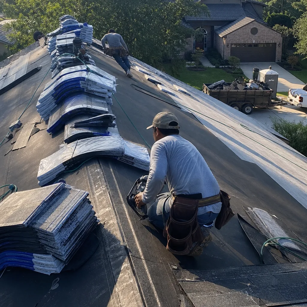 Professional roofers performing a residential roof replacement with shingle bundles.