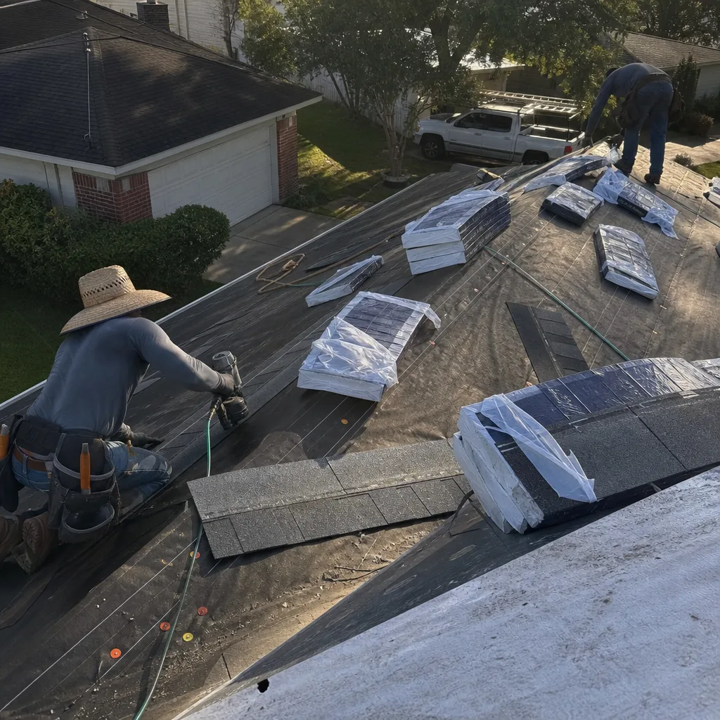Two professional contractors performing a residential asphalt roof replacement project