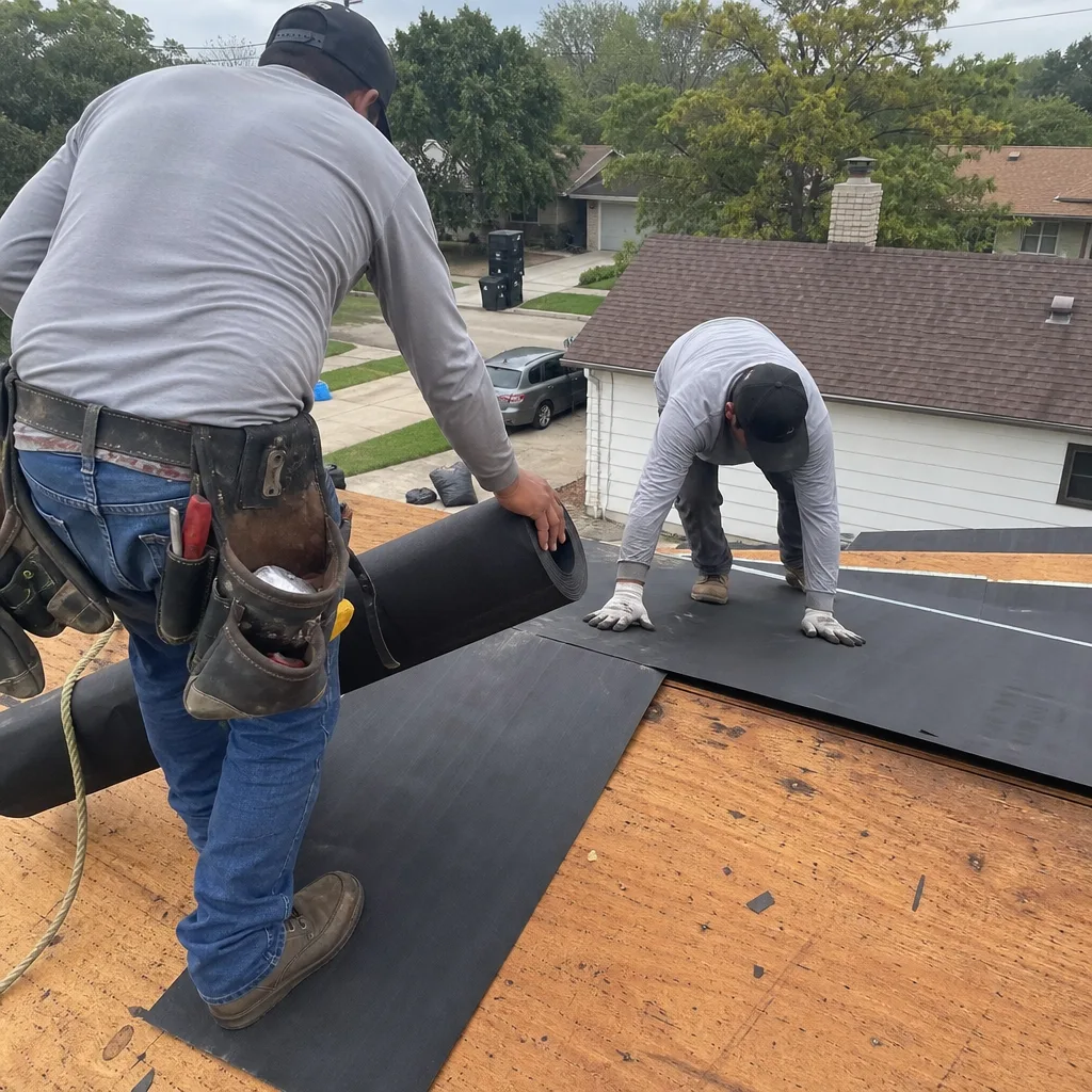 Two roofers installing black underlayment during a residential roof replacement.