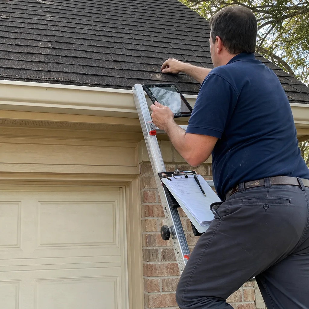 Roofing professional performing a professional residential roof inspection on a ladder.